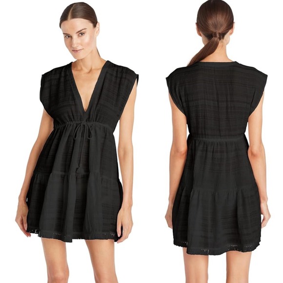 Robin Piccone Natalie Black Cover-Up Dress Drawstring Waist Fringe‎ Hem Small - Picture 1 of 8
